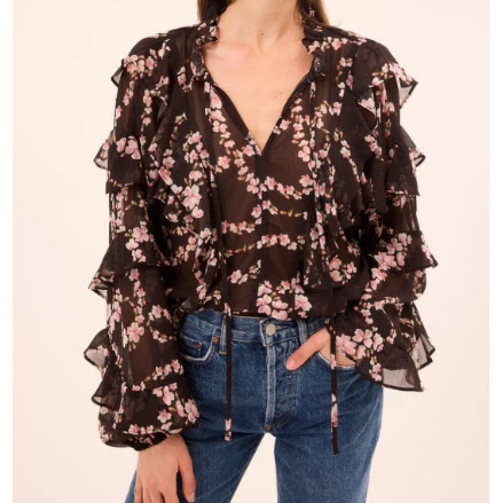 NWT Misa Los Angeles (Item- 91) Lupe Black Pink Floral Ruffled Cami Blouse Top M